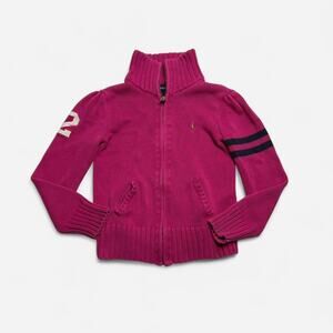 Ralph Lauren Pink Zip Sweater Girls 6X Knit Pony Logo Full Zip
